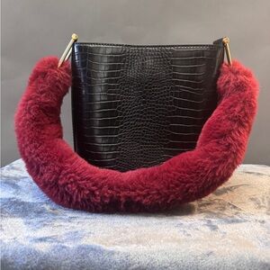 Topshop Black Croc-Embossed Bag with Red Fur Handle